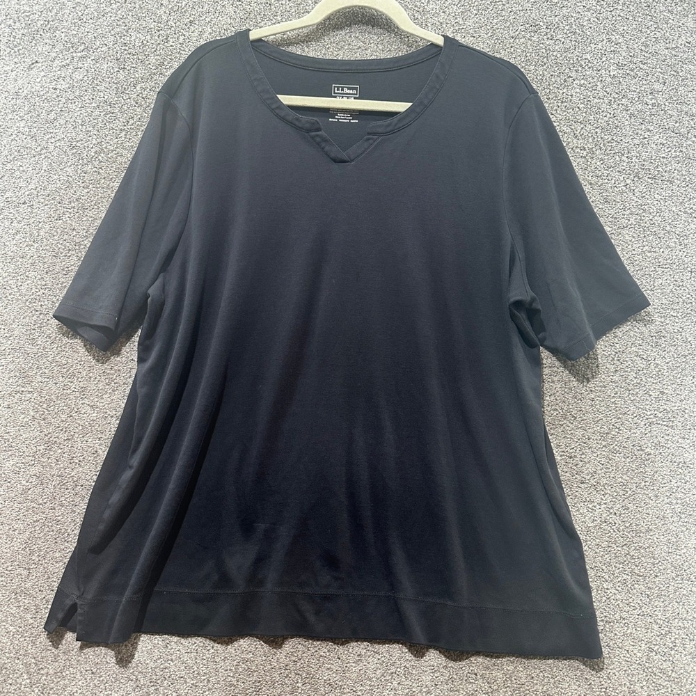 LL Bean T-Shirt Top Women‎ 2X Black Splitneck Supima Cotton Short Sleeve Casual